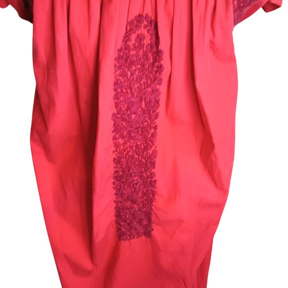 Mexican Oaxacan Red On Red Embroidered Dress Maxi Length Vintage Small Medium - Picture 7 of 16